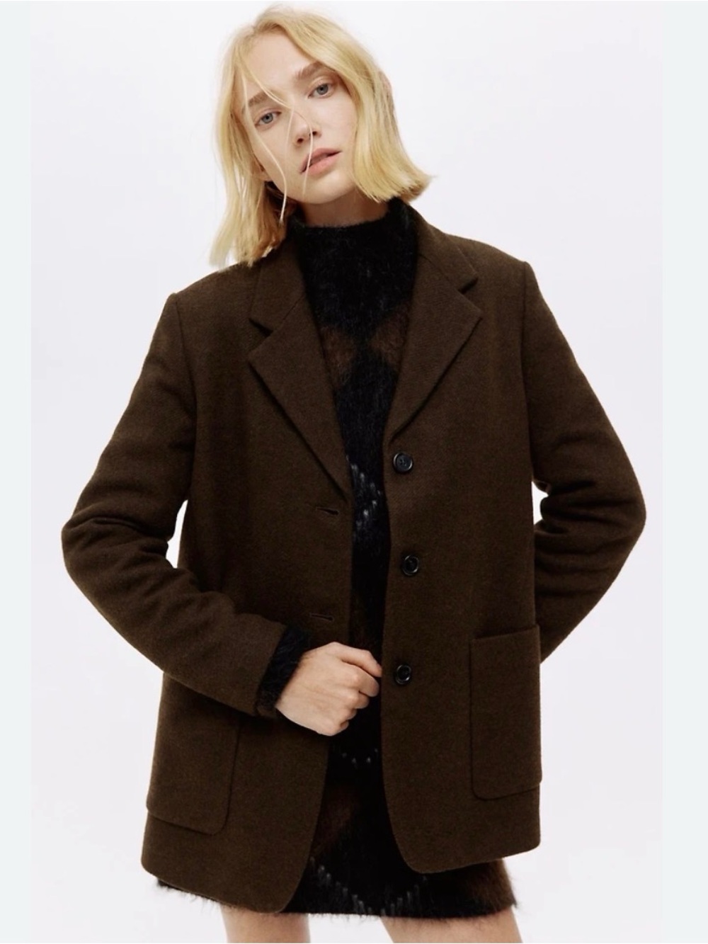 H&M Brown Wool-Blend Notch Lapel Blazer Jacket
